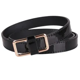 106cm Women's Black Genuine Leather Retro Belt with Gold Metal Square Buckle