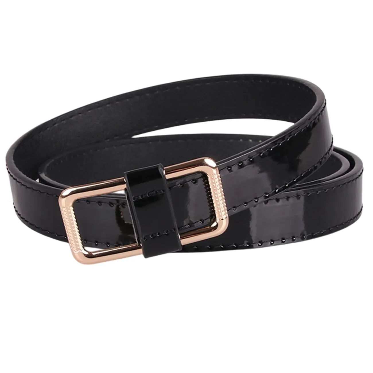 106cm Women's Black Genuine Leather Retro Belt with Gold Metal Square Buckle
