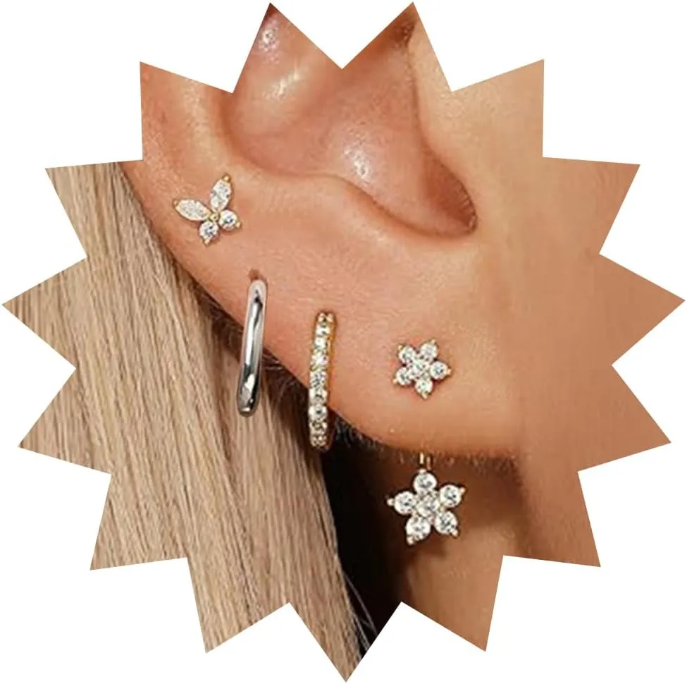 3/4 Pairs Small Gold Earrings for Women Hypoallergenic Cartilage Stack Earring Set Dainty Gold Plated Huggie Earrings with Pearl Dangle Gold Studs Earrings for Women