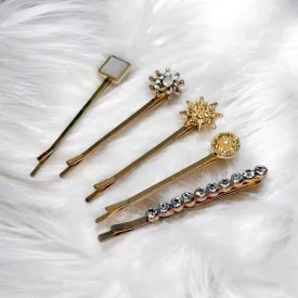 5 pack Golden hair pins with rhinestones and resin stones | floral bobby pins | korean hair accessories | vintage hair slides