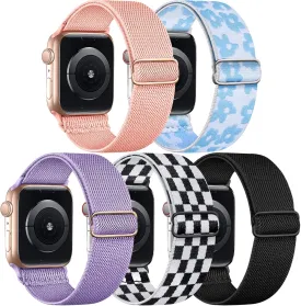 5 Pack Stretchy Nylon Band Compatible with Apple Watch Bands 40mm 41mm 42mm 44mm 45mm 46mm 49mm 38mm for Women Men, Elastic Braided Solo Loop Strap for iWatch SE Ultra 2 1, Series 10 9 8 7 6 5 4 3 2 1
