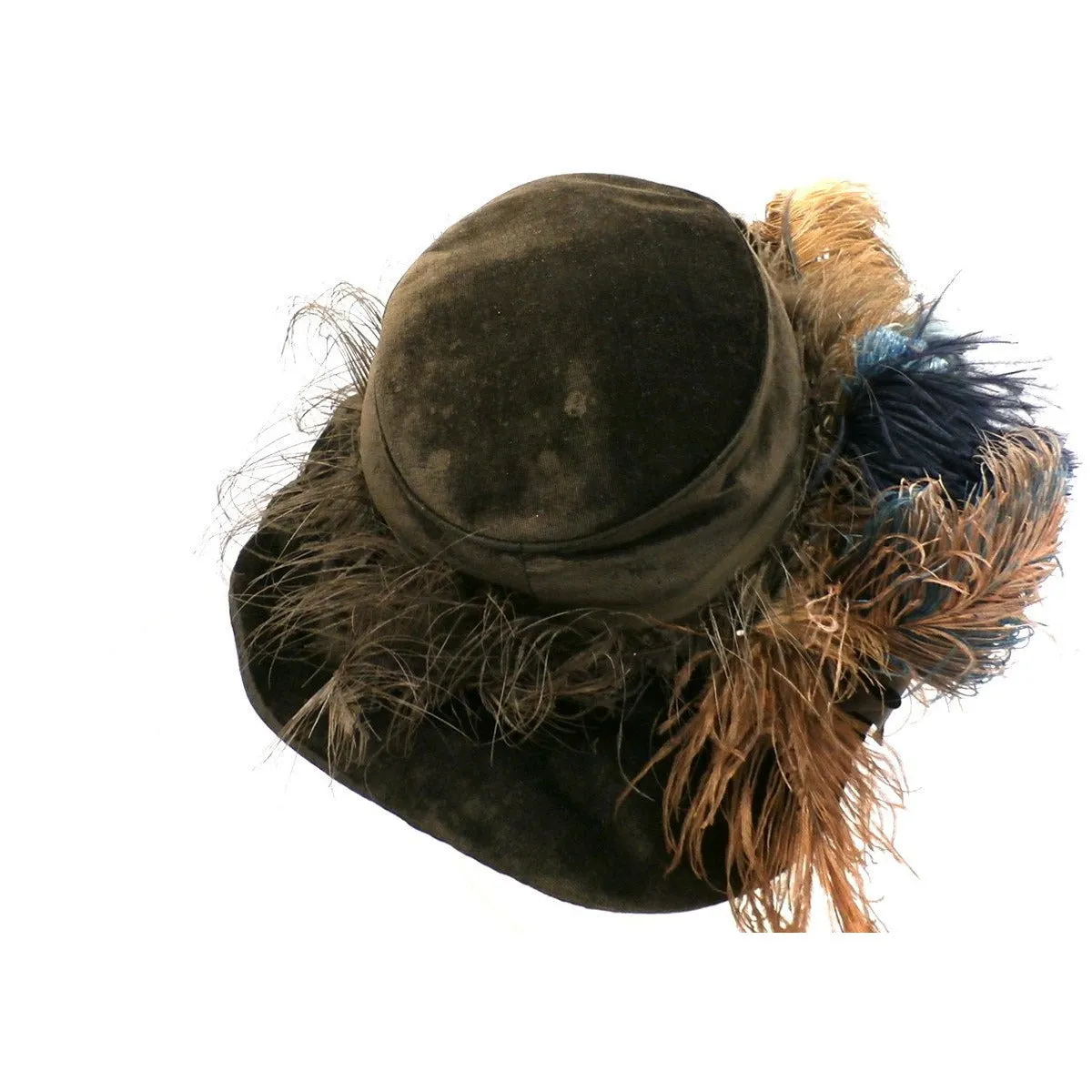 Antique Victorian Wide Brim Hat Feathers Brown Velvet Large Ruth E. Miller