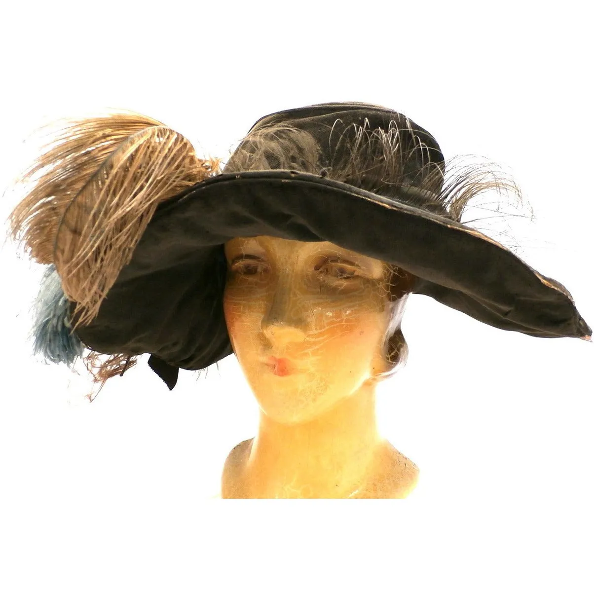 Antique Victorian Wide Brim Hat Feathers Brown Velvet Large Ruth E. Miller