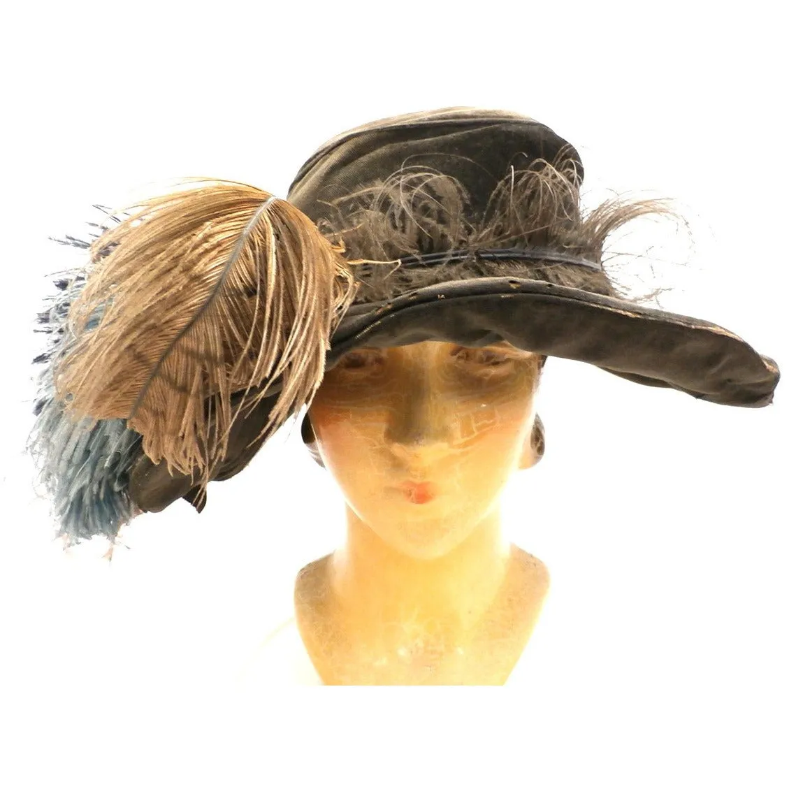 Antique Victorian Wide Brim Hat Feathers Brown Velvet Large Ruth E. Miller