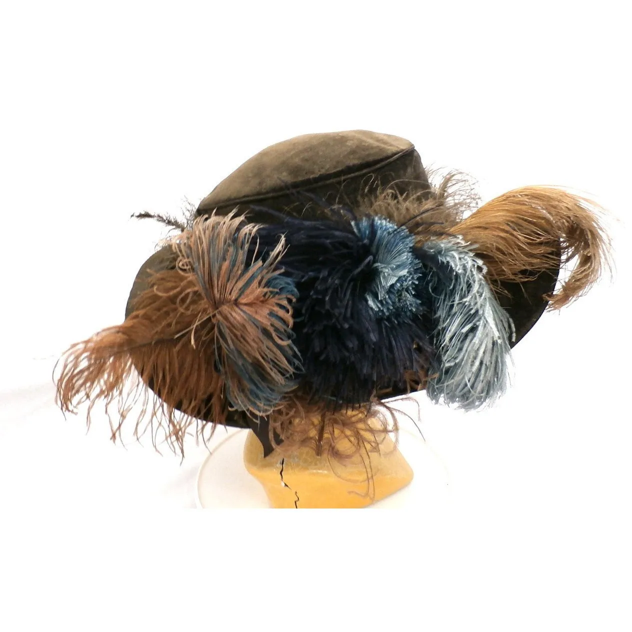 Antique Victorian Wide Brim Hat Feathers Brown Velvet Large Ruth E. Miller