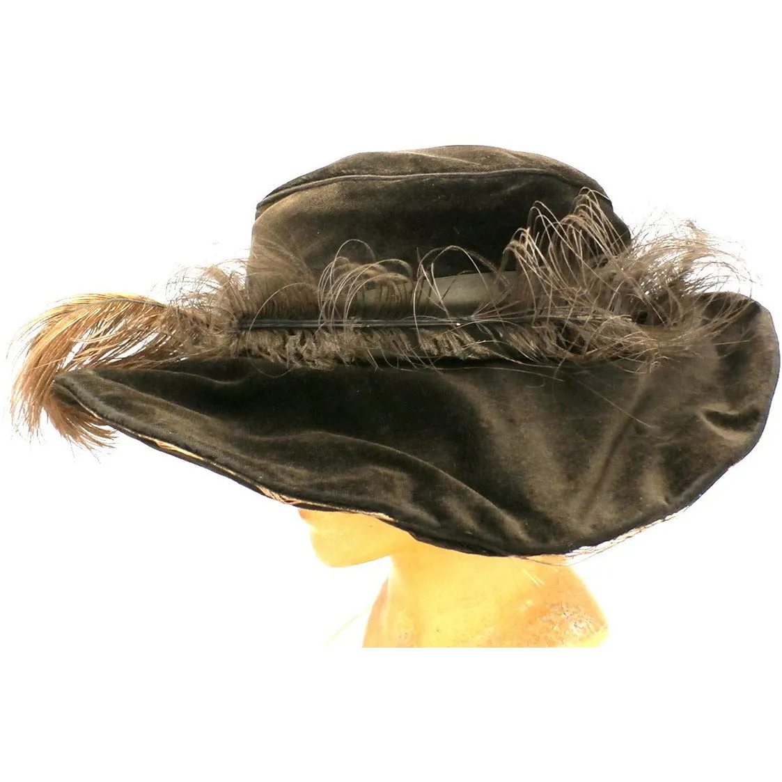 Antique Victorian Wide Brim Hat Feathers Brown Velvet Large Ruth E. Miller