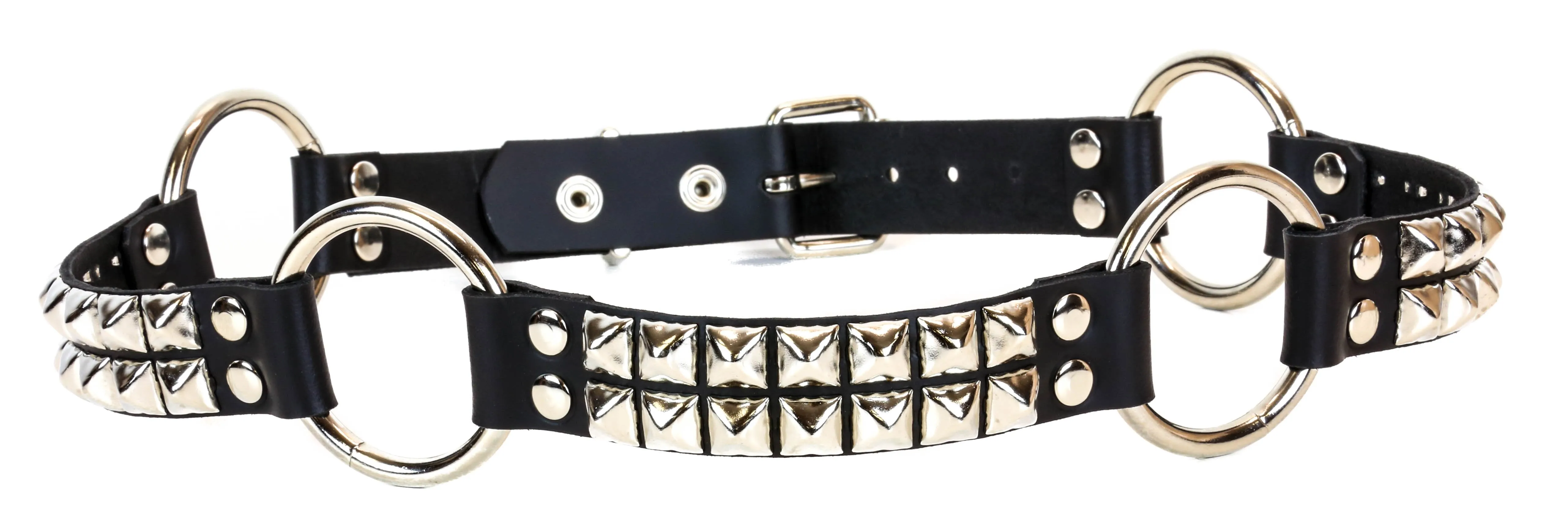 Black Leather Ring Belt, 2 Row Silver Pyramid Studs
