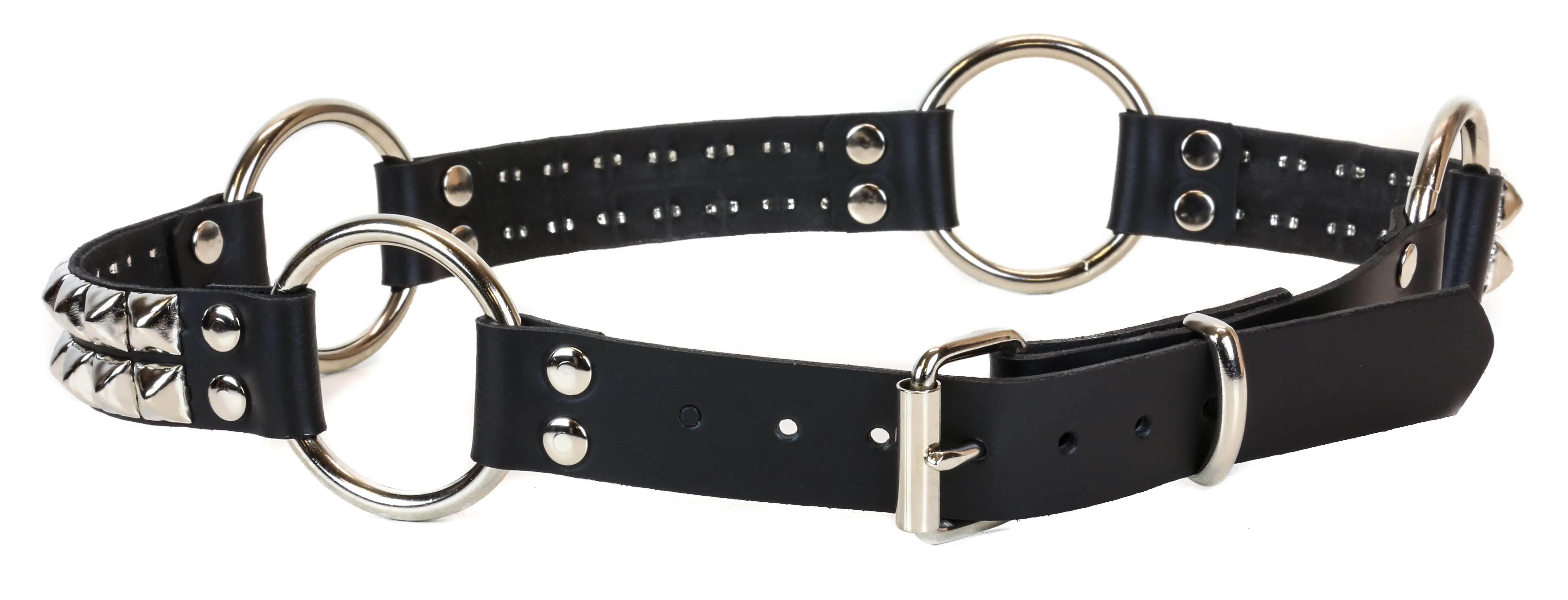 Black Leather Ring Belt, 2 Row Silver Pyramid Studs