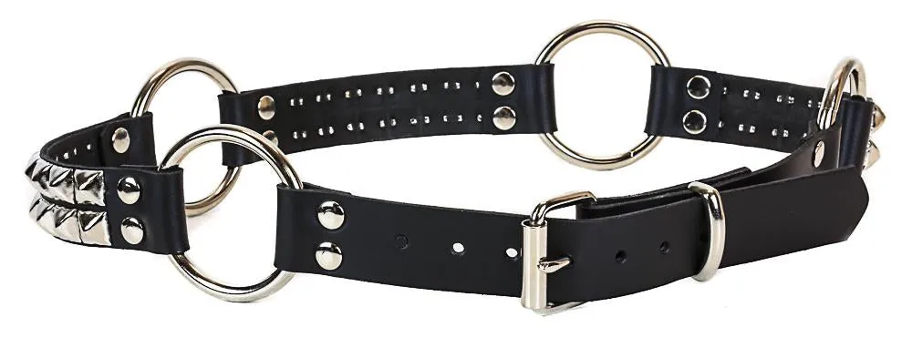 Black Leather Ring Belt, 2 Row Silver Pyramid Studs