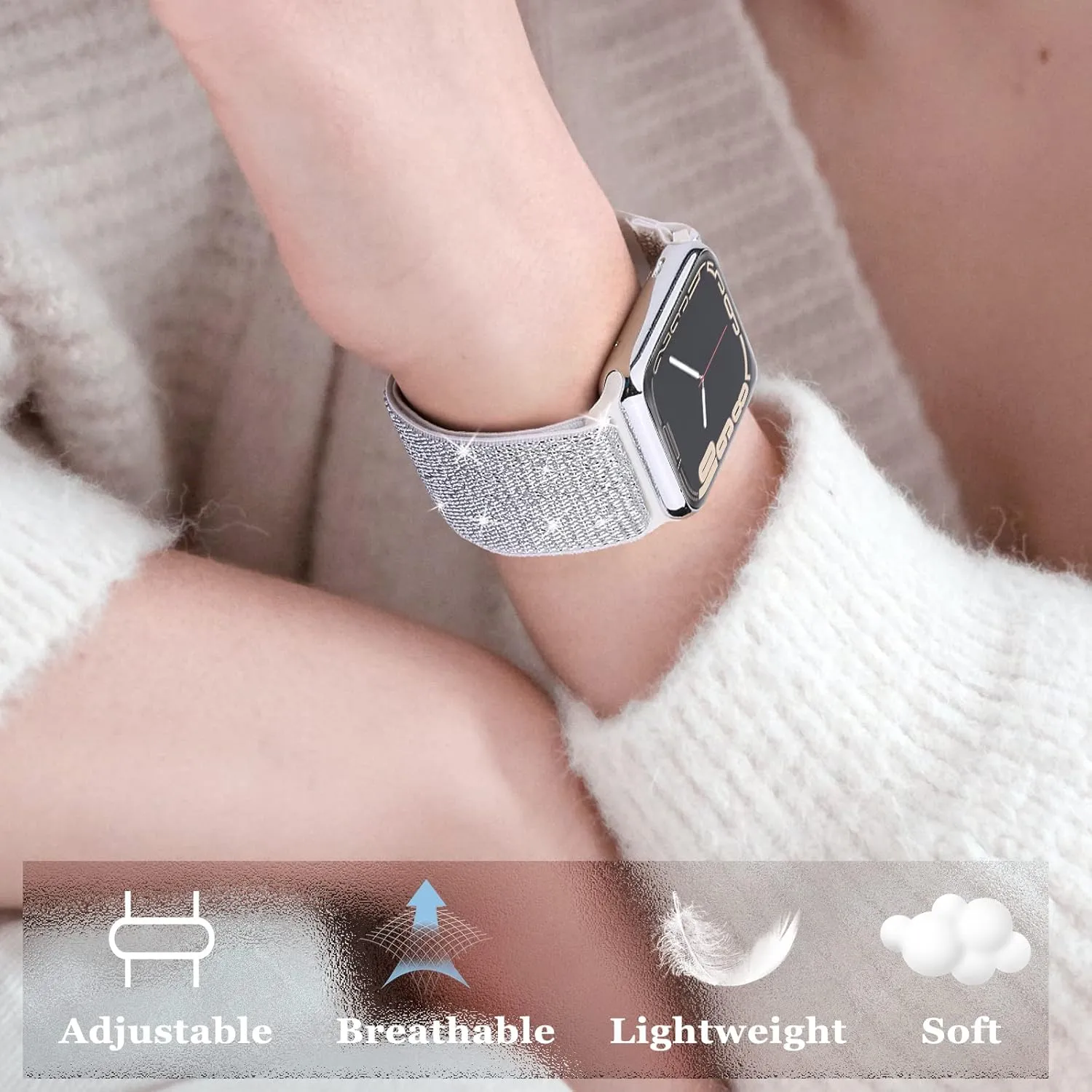 Bling Nylon Stretchy Bands Compatible With Apple Watch Bands 38mm 40mm 41mm 42mm 44mm 45mm 49mm For Women Girls, Adjustable Braided Solo Loop Sport Bands For iWatch Series Ultra 10 9 8 7 6 5 4 3 2 1 SE, 6 Packs