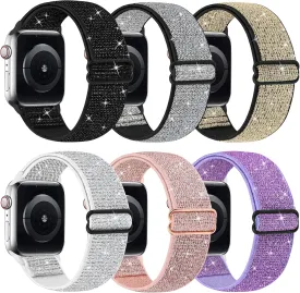 Bling Nylon Stretchy Bands Compatible With Apple Watch Bands 38mm 40mm 41mm 42mm 44mm 45mm 49mm For Women Girls, Adjustable Braided Solo Loop Sport Bands For iWatch Series Ultra 10 9 8 7 6 5 4 3 2 1 SE, 6 Packs