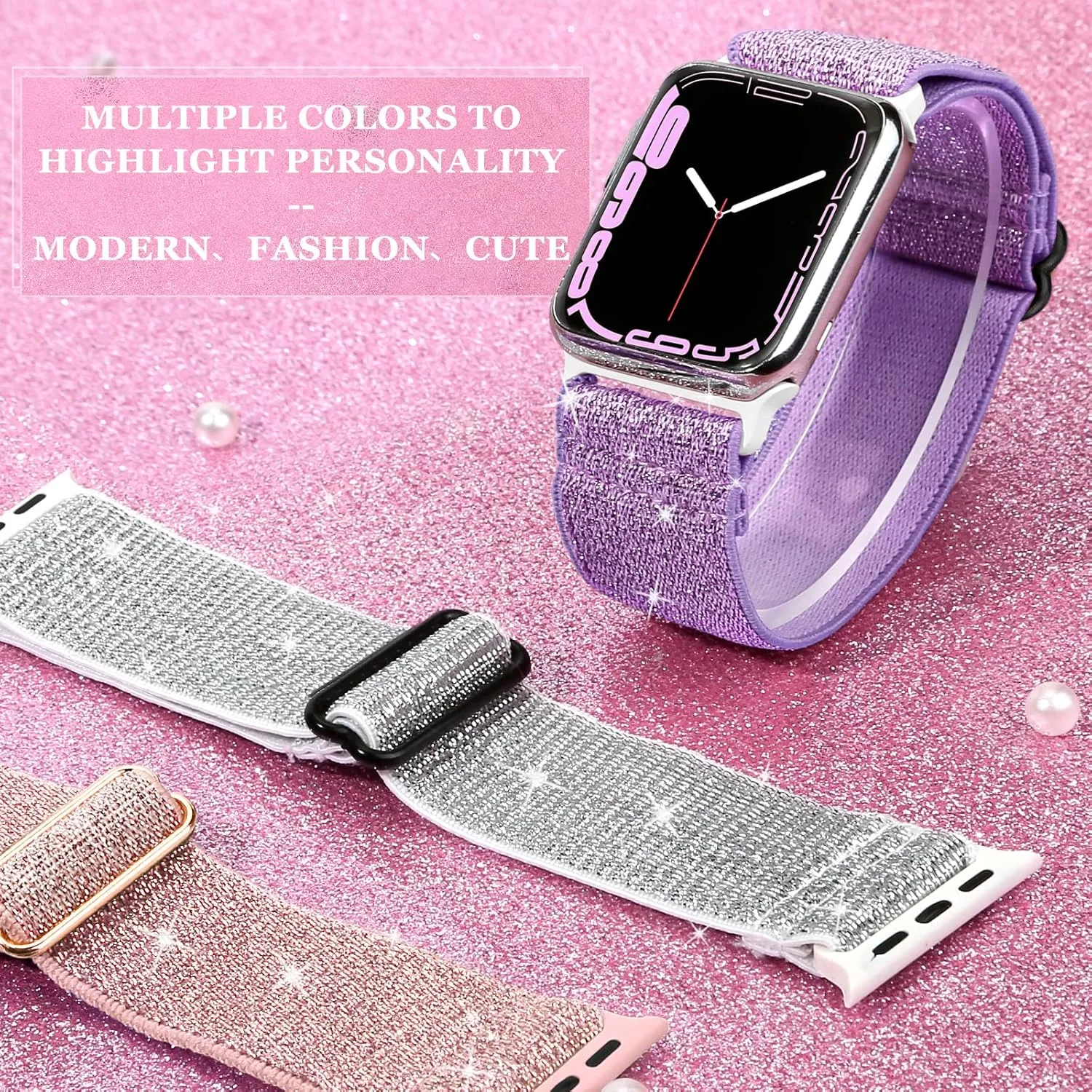 Bling Nylon Stretchy Bands Compatible With Apple Watch Bands 38mm 40mm 41mm 42mm 44mm 45mm 49mm For Women Girls, Adjustable Braided Solo Loop Sport Bands For iWatch Series Ultra 10 9 8 7 6 5 4 3 2 1 SE, 6 Packs