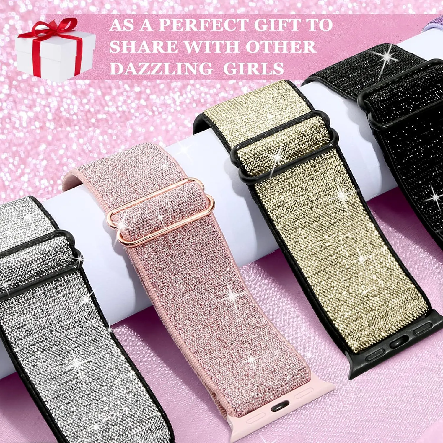 Bling Nylon Stretchy Bands Compatible With Apple Watch Bands 38mm 40mm 41mm 42mm 44mm 45mm 49mm For Women Girls, Adjustable Braided Solo Loop Sport Bands For iWatch Series Ultra 10 9 8 7 6 5 4 3 2 1 SE, 6 Packs