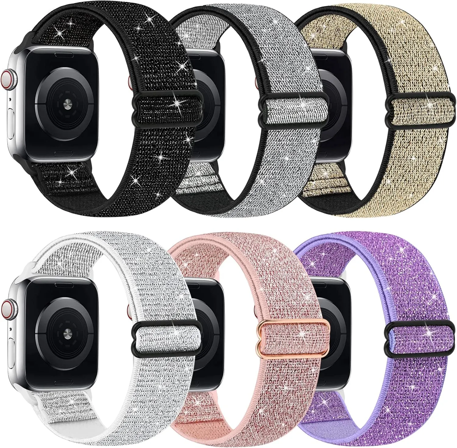 Bling Nylon Stretchy Bands Compatible With Apple Watch Bands 38mm 40mm 41mm 42mm 44mm 45mm 49mm For Women Girls, Adjustable Braided Solo Loop Sport Bands For iWatch Series Ultra 10 9 8 7 6 5 4 3 2 1 SE, 6 Packs