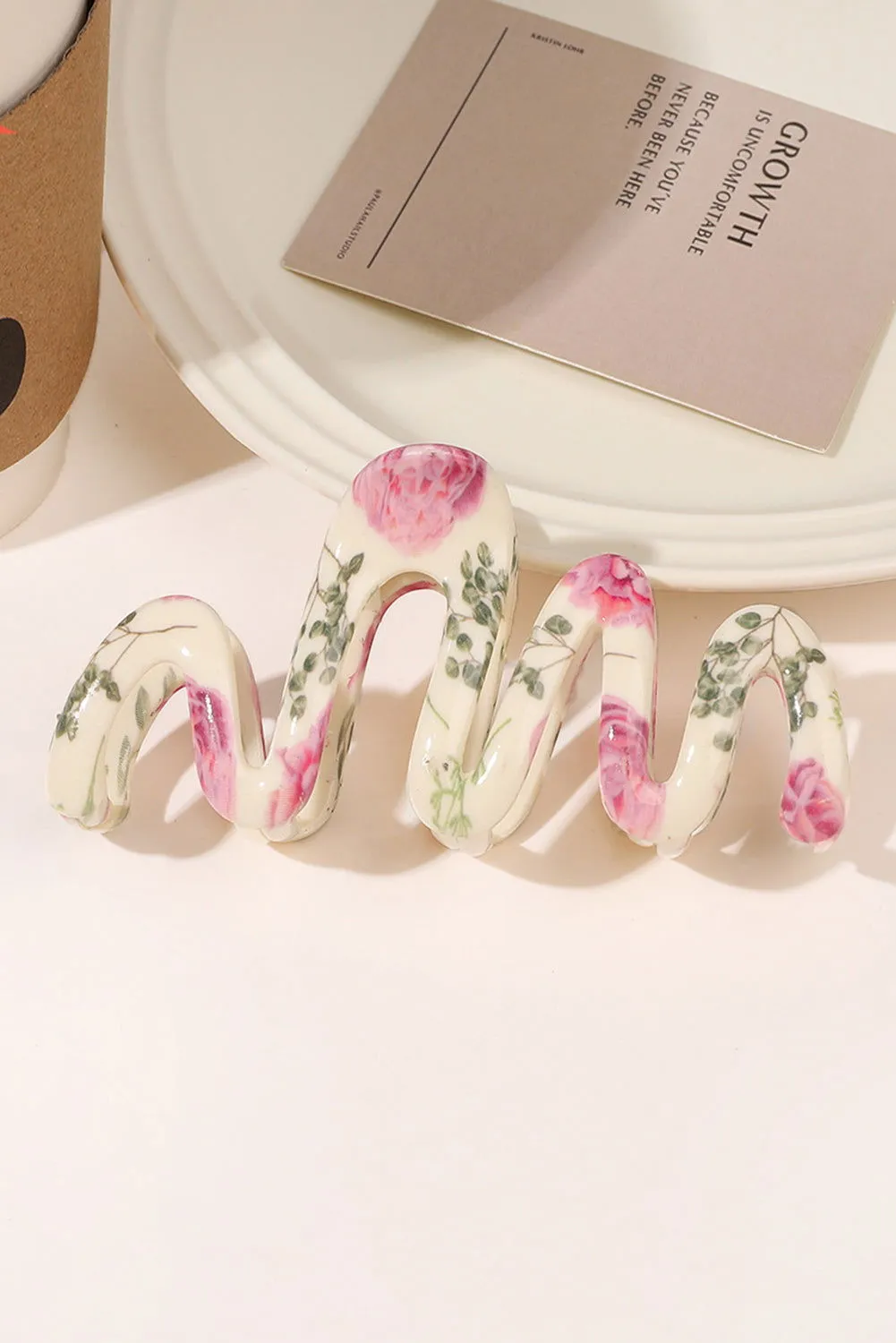 Bright Pink Flower Print Acrylic Wave Large Hair Claw Clip