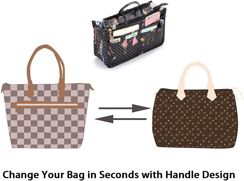 BTSKY Printing Handbag Organizers Inside Purse Insert-High Capacity 13 Pockets Bag Tote Organizer with Handle Fashion Style