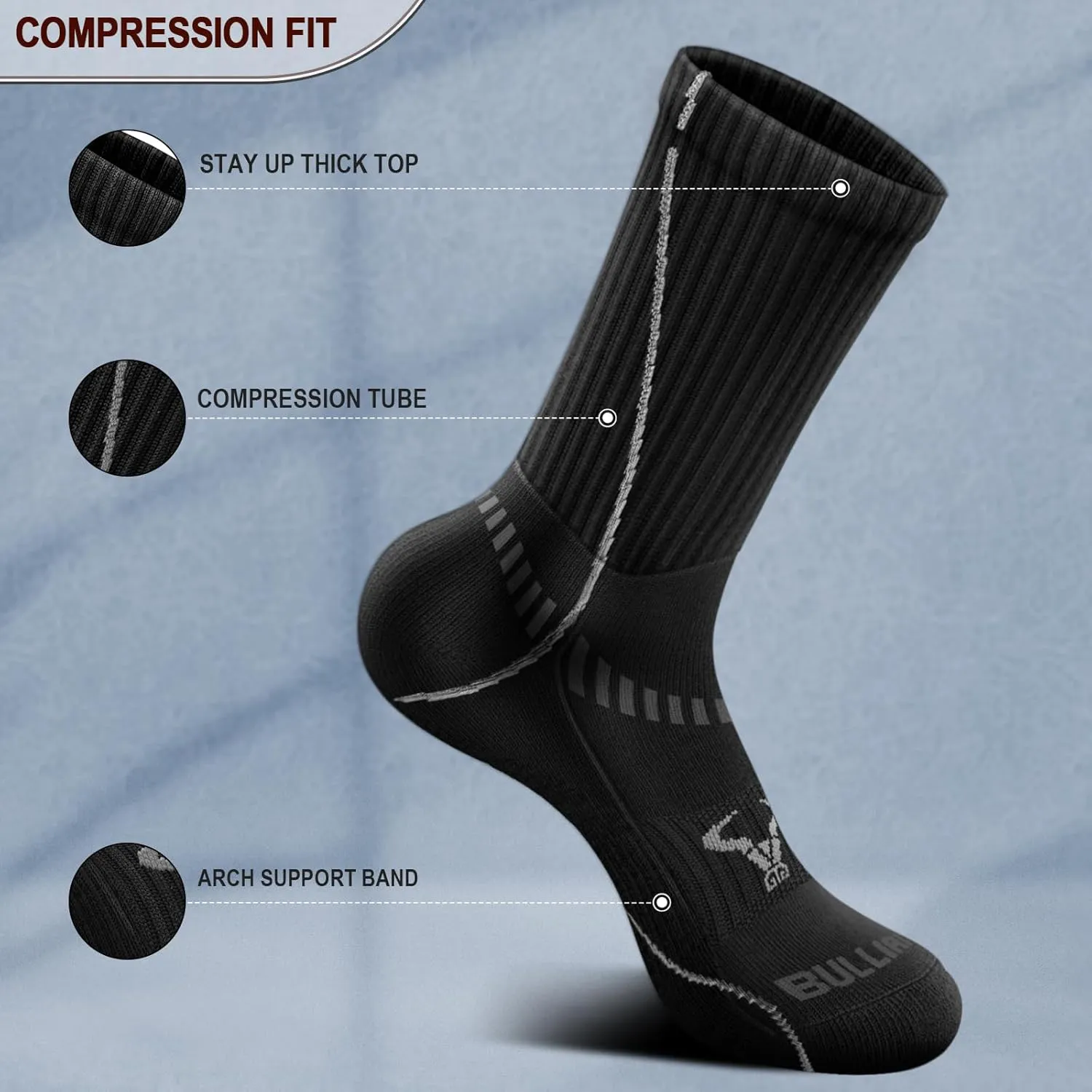 BULLIANT Men Athletic Socks, Compression Sports Crew Socks Cushioned For Men Outdoor Running Hiking-Arch Compression Support