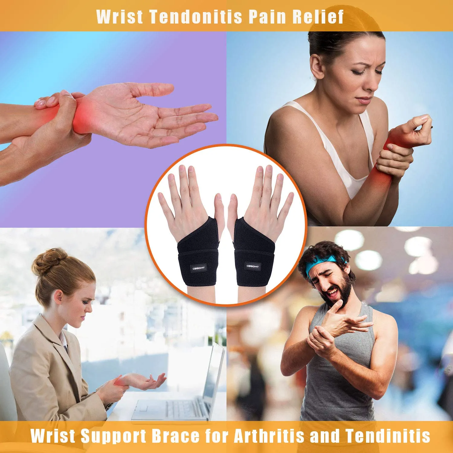 Carpal Tunnel Wrist Brace,2Pack Wrist Support Brace Adjustable Wrist Strap Reversible Wrist Brace for Sports Protecting/Tendonitis Pain Relief/Carpal Tunnel/Arthritis-Right&Left