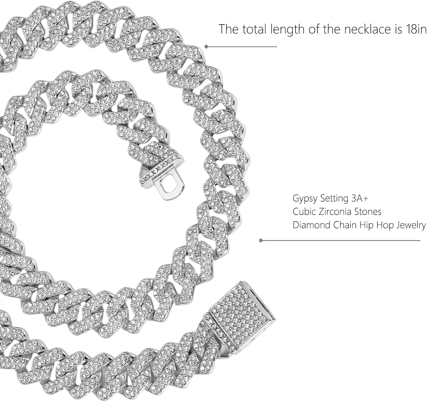 Cuban Link Chain for Men,Silver Necklace and Bracelet,Miami Cuban Chains,Bling Diamond Chain for Hip Hop Jewelry
