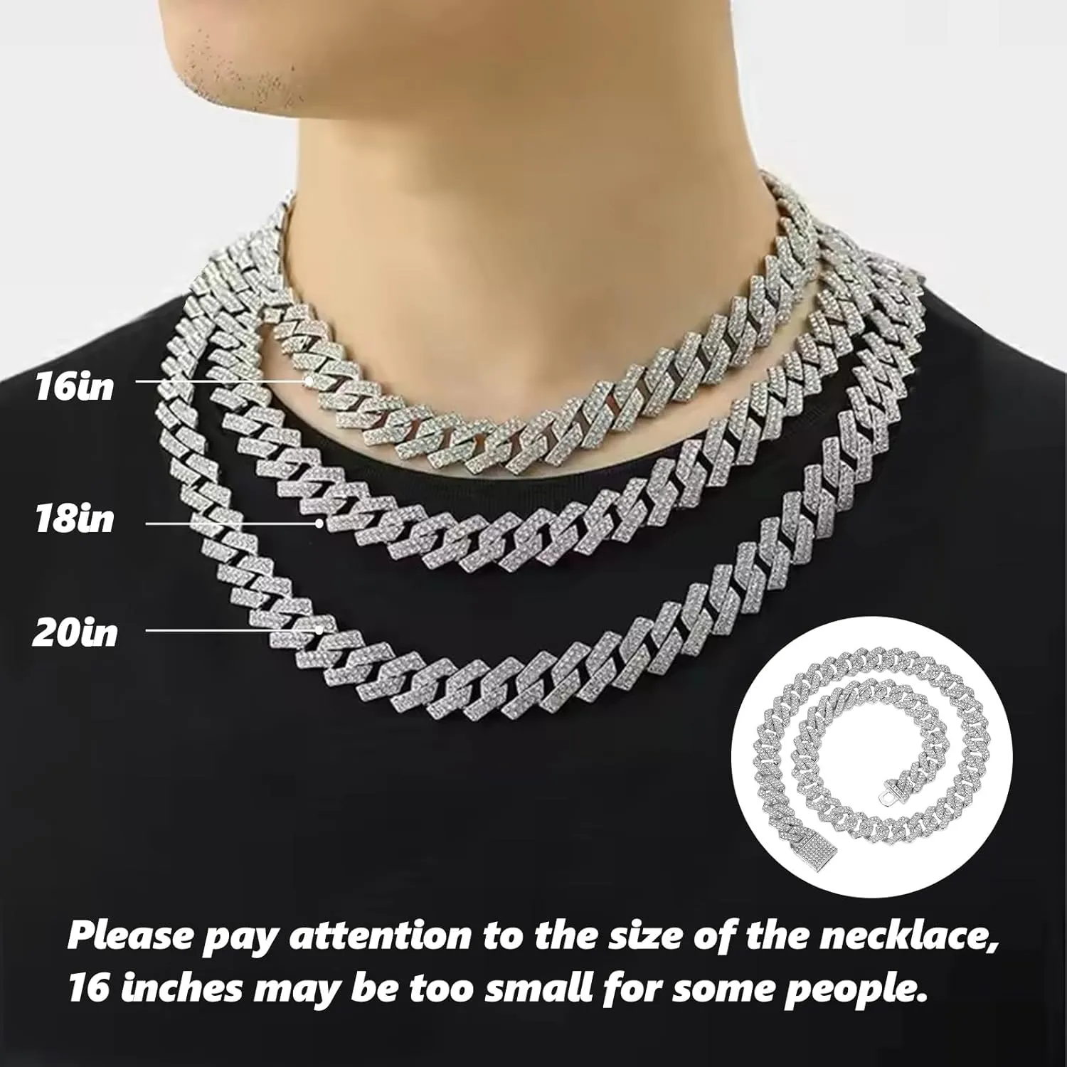 Cuban Link Chain for Men,Silver Necklace and Bracelet,Miami Cuban Chains,Bling Diamond Chain for Hip Hop Jewelry