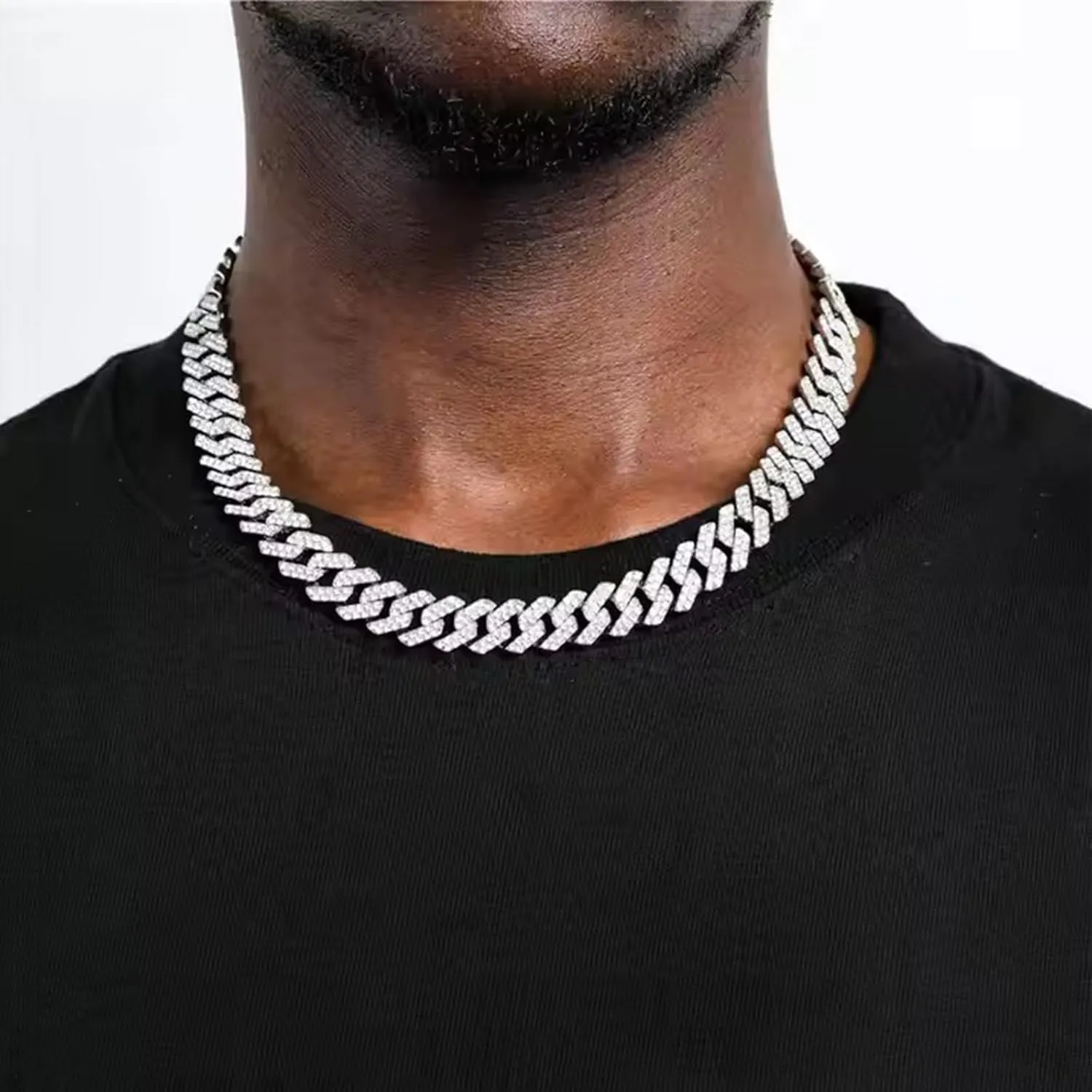 Cuban Link Chain for Men,Silver Necklace and Bracelet,Miami Cuban Chains,Bling Diamond Chain for Hip Hop Jewelry
