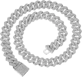 Cuban Link Chain for Men,Silver Necklace and Bracelet,Miami Cuban Chains,Bling Diamond Chain for Hip Hop Jewelry