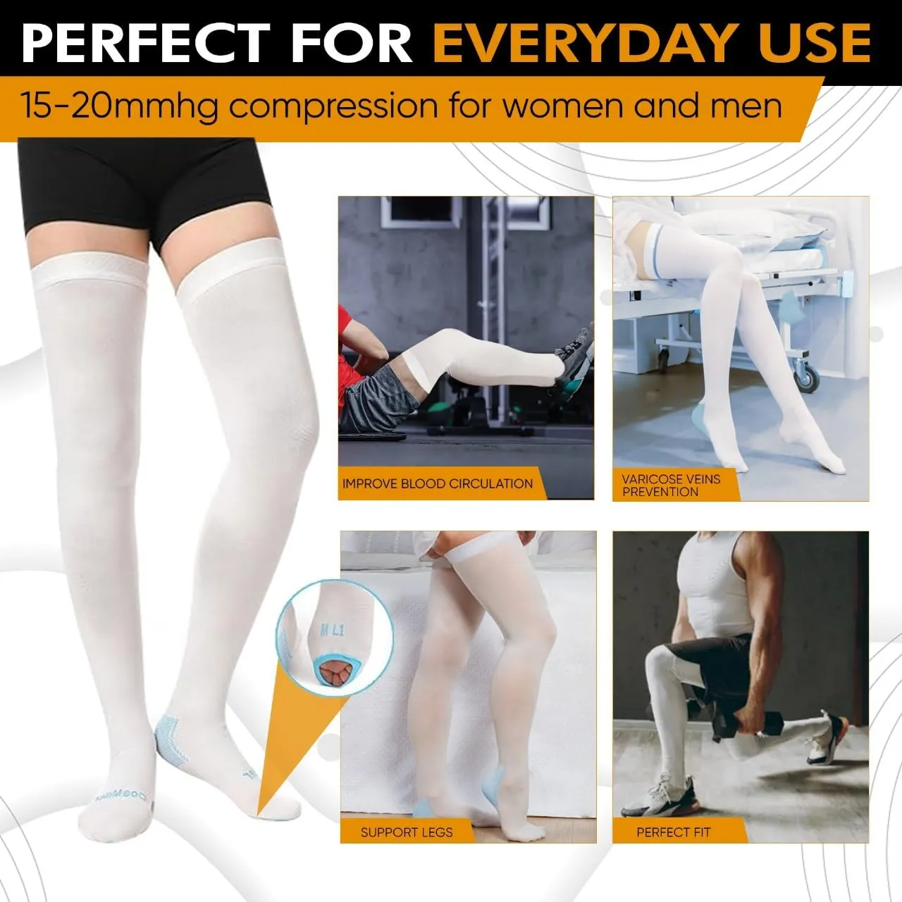 Doc Miller TED Hose Thigh High Anti Embolism Stockings for Women & Men, Hospital Style Surgical Stockings, Plus Size White Compression Socks 15-20mmHg, Support Hose with Inspection Hole (S-5XL)