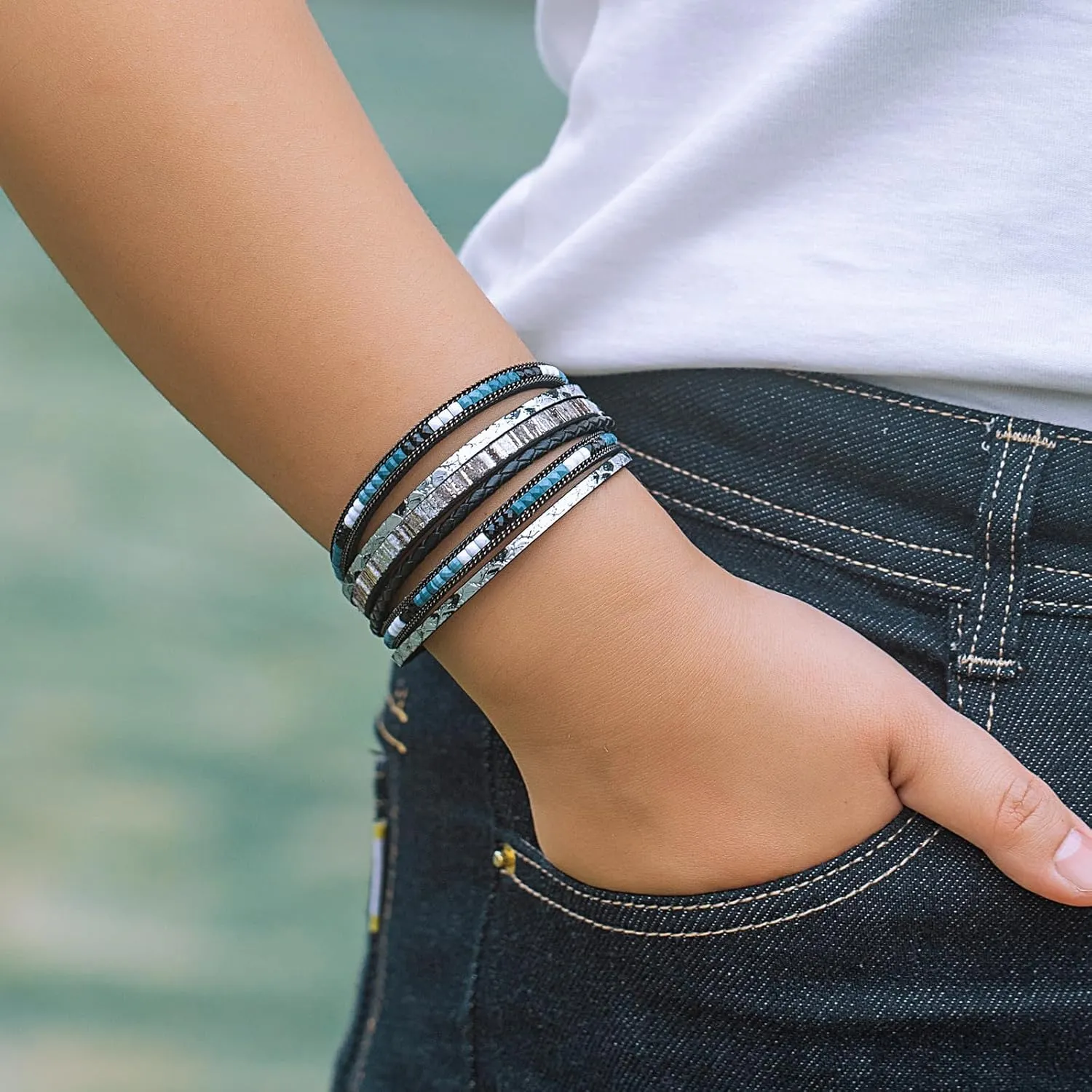 FANCY SHINY Boho Leather Wrap Bracelets Trendy Layered Bracelets with Magnetic Clasp Strackable Bohemian Jewelry Gifts for Women