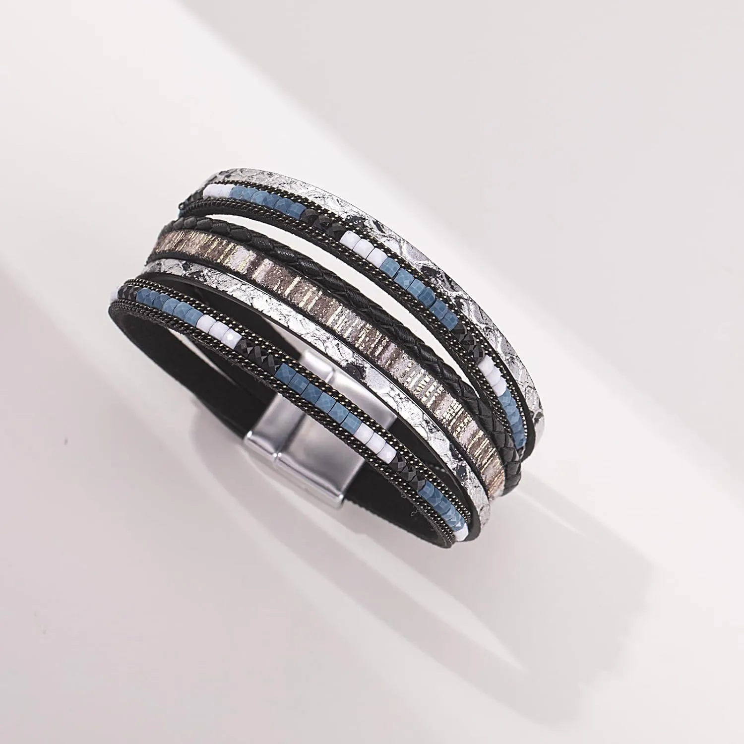 FANCY SHINY Boho Leather Wrap Bracelets Trendy Layered Bracelets with Magnetic Clasp Strackable Bohemian Jewelry Gifts for Women