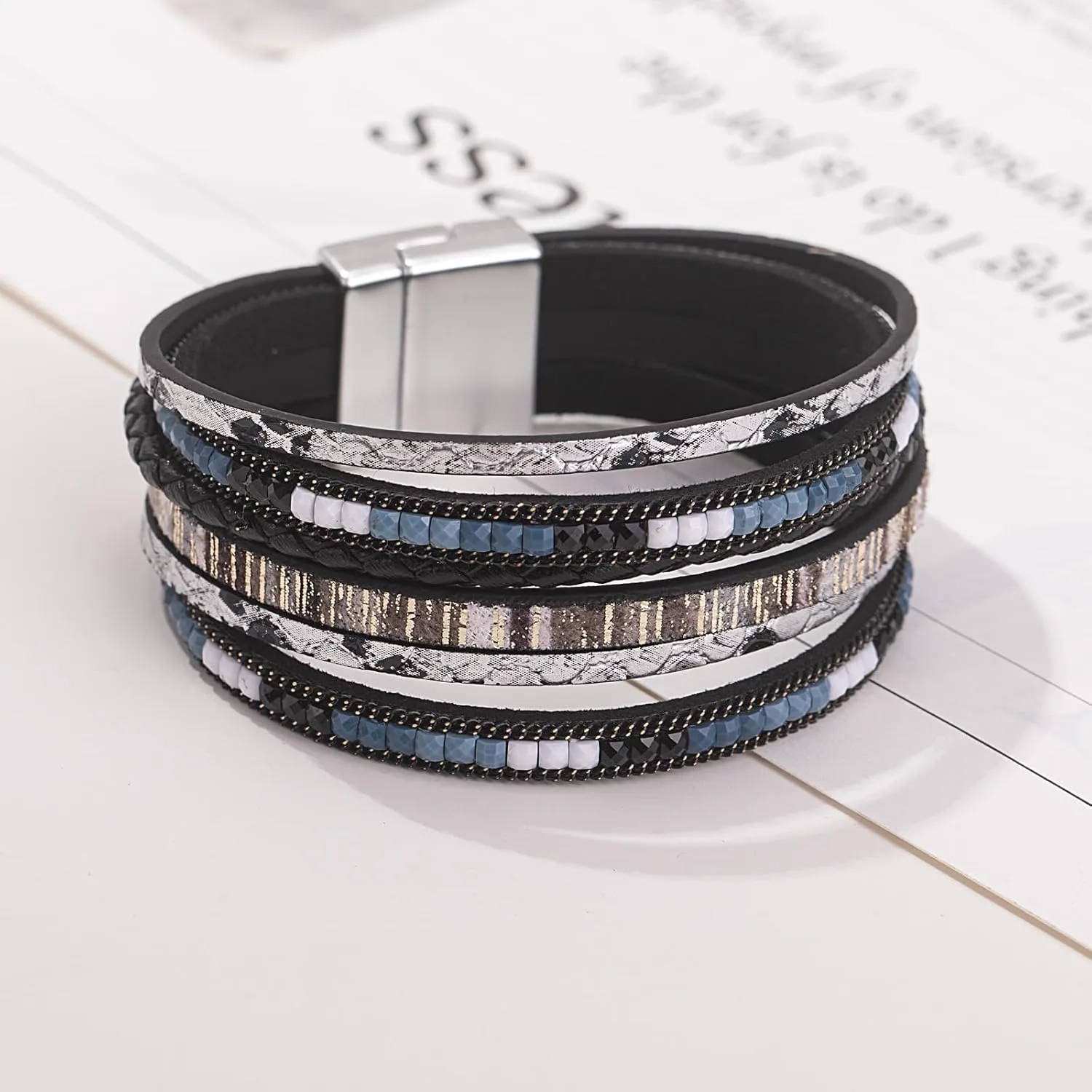 FANCY SHINY Boho Leather Wrap Bracelets Trendy Layered Bracelets with Magnetic Clasp Strackable Bohemian Jewelry Gifts for Women