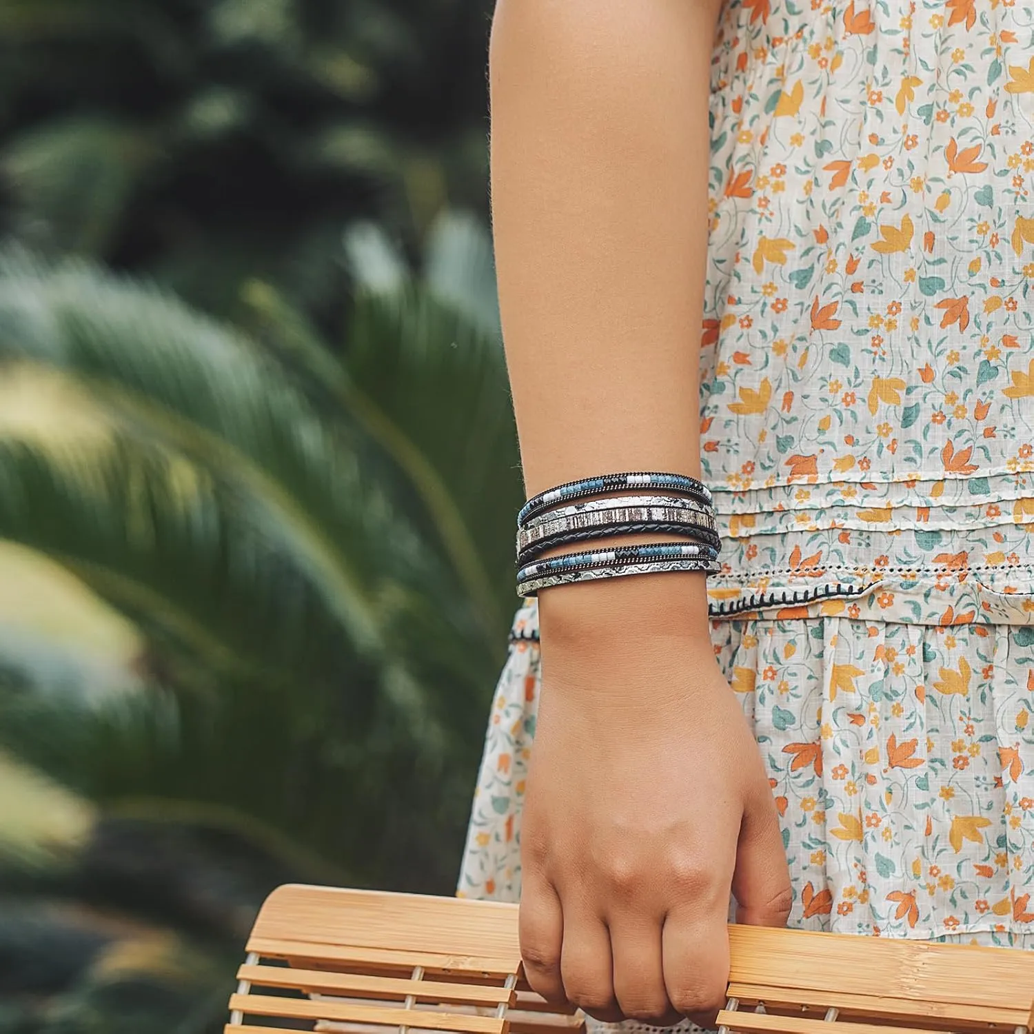 FANCY SHINY Boho Leather Wrap Bracelets Trendy Layered Bracelets with Magnetic Clasp Strackable Bohemian Jewelry Gifts for Women