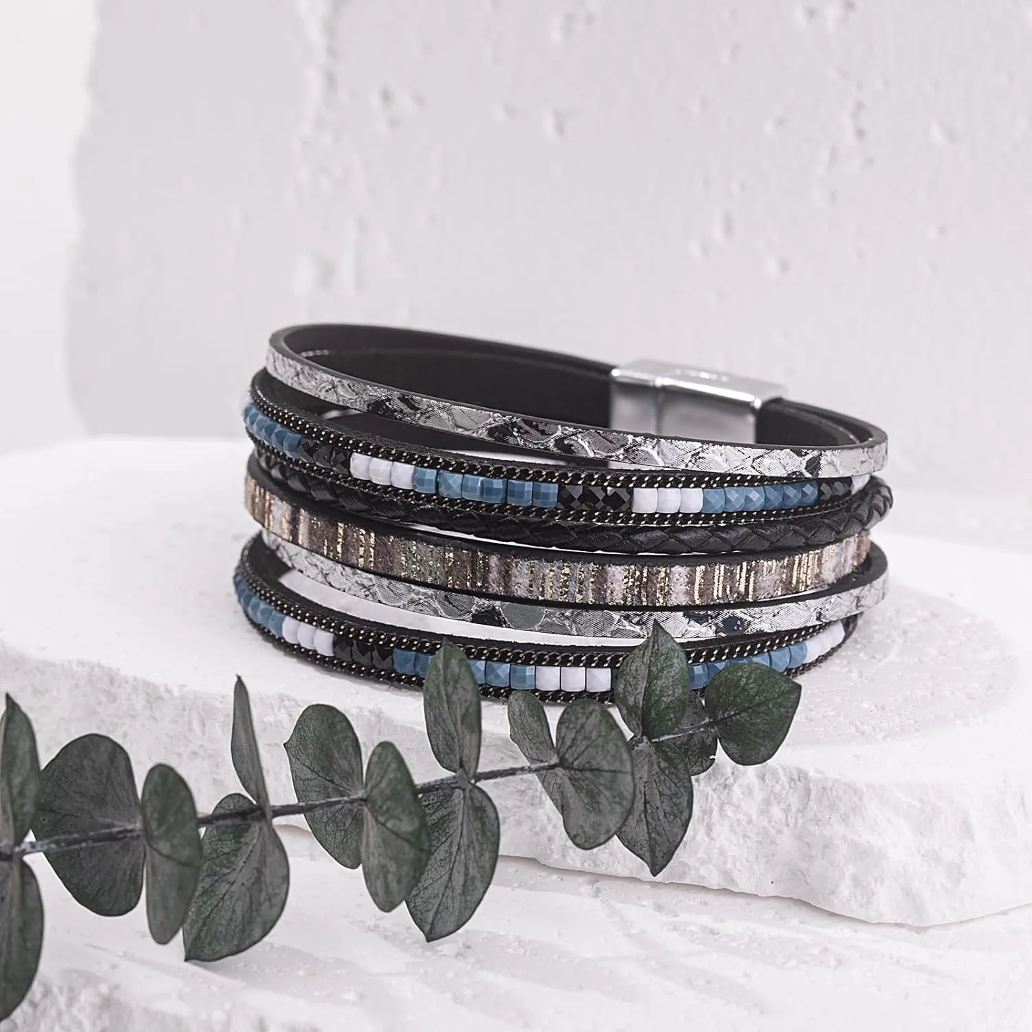 FANCY SHINY Boho Leather Wrap Bracelets Trendy Layered Bracelets with Magnetic Clasp Strackable Bohemian Jewelry Gifts for Women