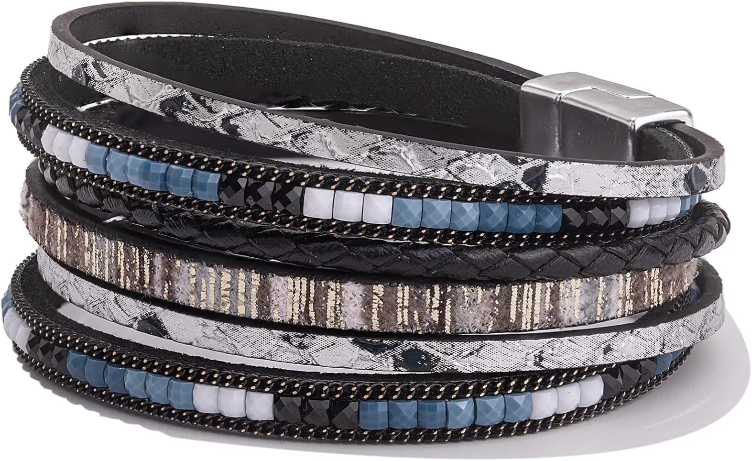 FANCY SHINY Boho Leather Wrap Bracelets Trendy Layered Bracelets with Magnetic Clasp Strackable Bohemian Jewelry Gifts for Women