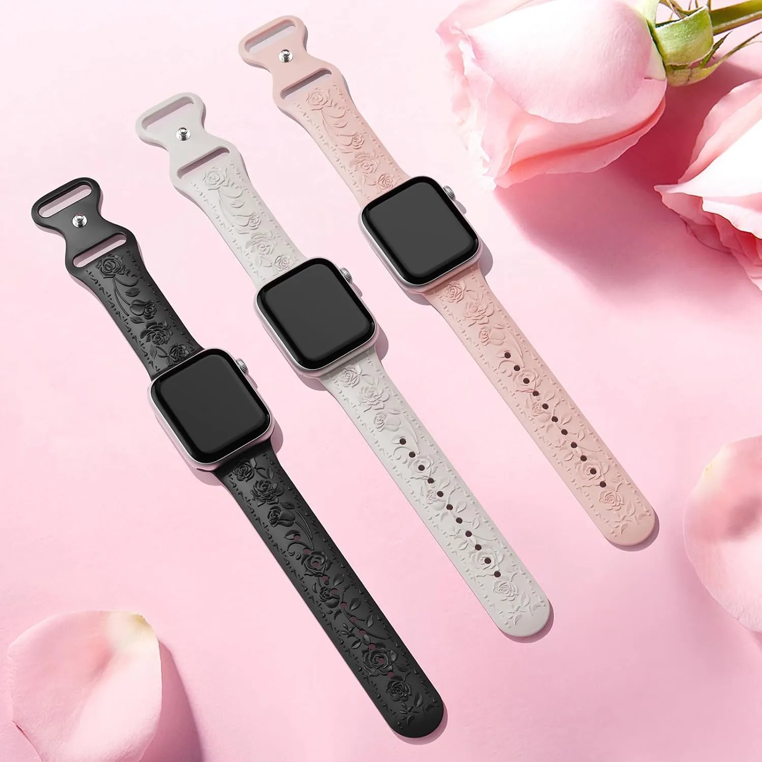 Floral Engraved Band Compatible with Apple Watch Band 40mm 41mm 38mm 42mm 44mm 45mm 46mm 49mm Women, Soft Silicone Cute Embossed Flower Strap for iWatch Band Series SE Ultra 10 9 8 7 6 5 4 3 2 1