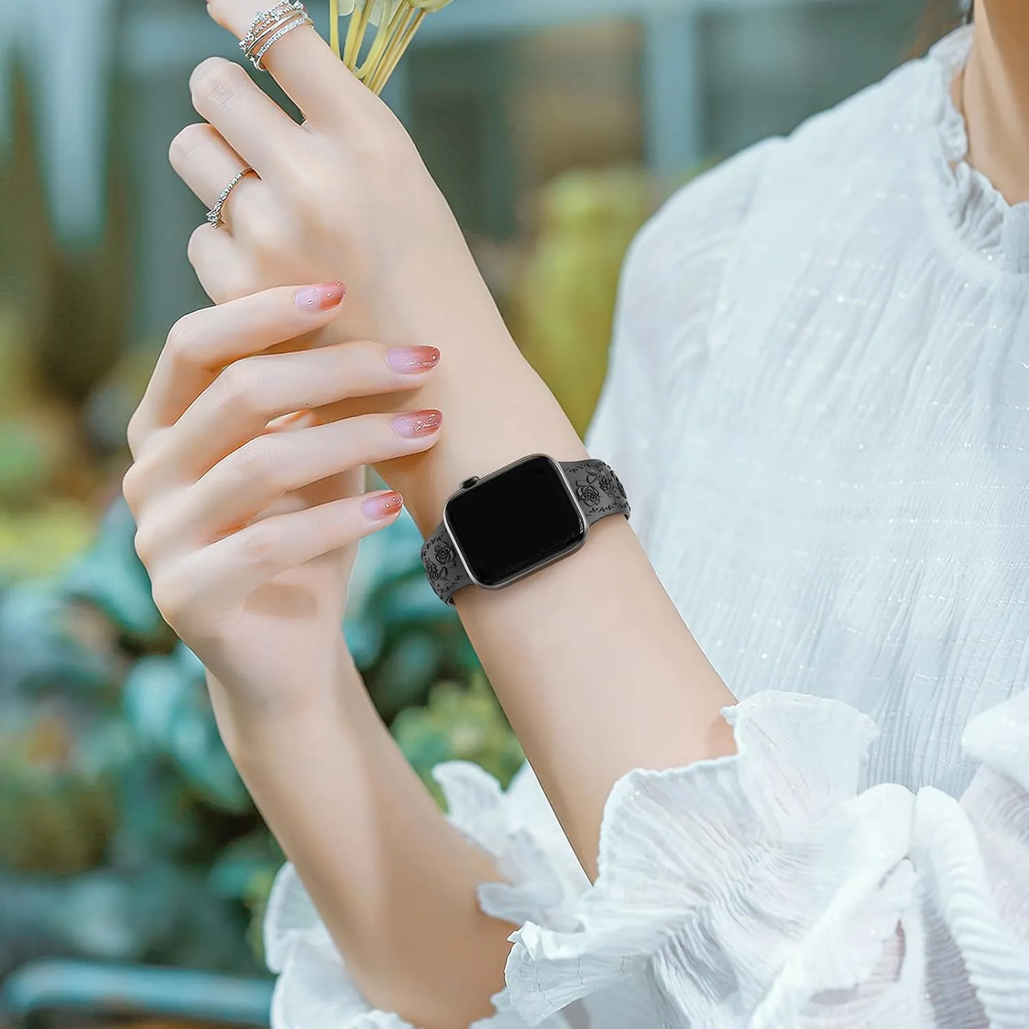 Floral Engraved Band Compatible with Apple Watch Band 40mm 41mm 38mm 42mm 44mm 45mm 46mm 49mm Women, Soft Silicone Cute Embossed Flower Strap for iWatch Band Series SE Ultra 10 9 8 7 6 5 4 3 2 1