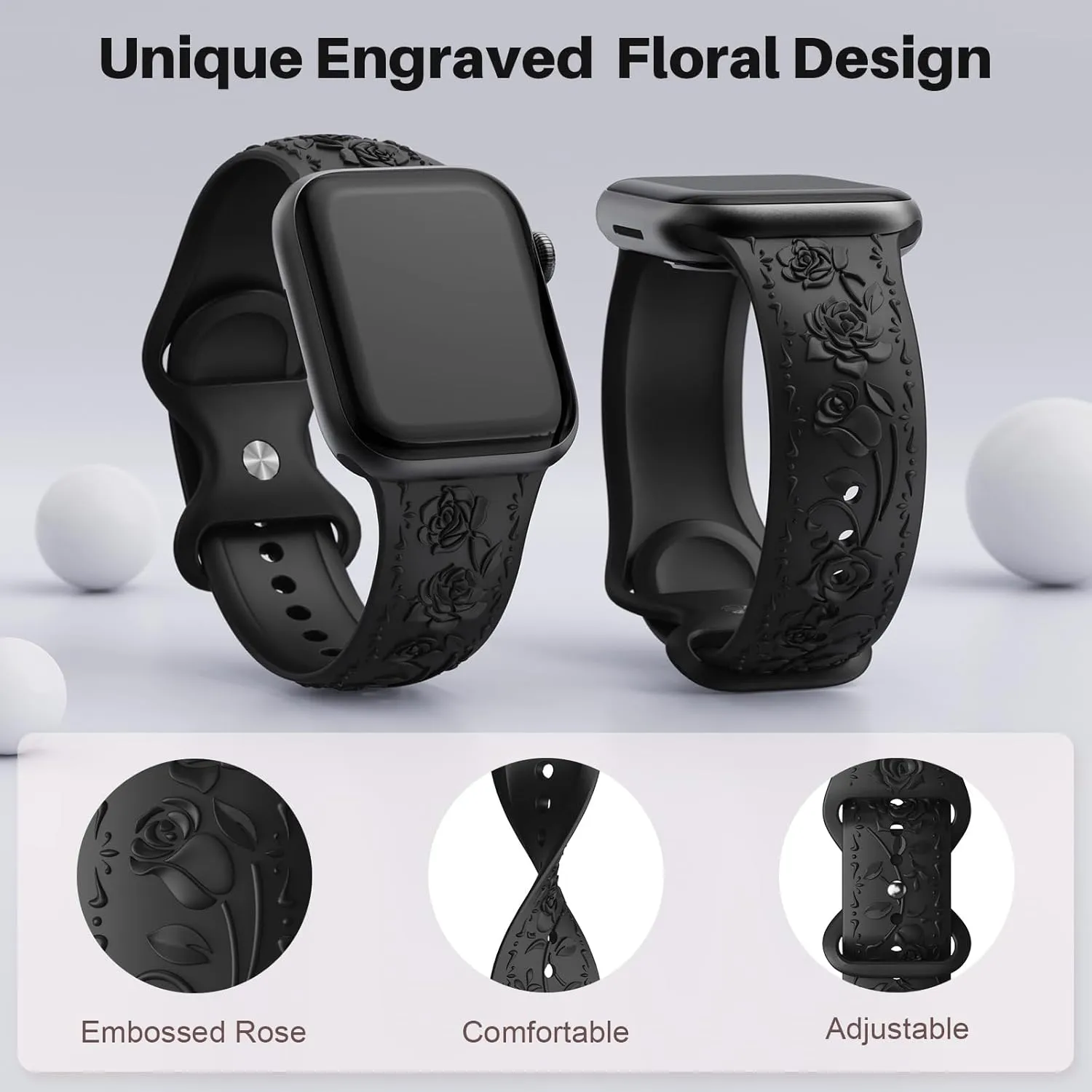 Floral Engraved Band Compatible with Apple Watch Band 40mm 41mm 38mm 42mm 44mm 45mm 46mm 49mm Women, Soft Silicone Cute Embossed Flower Strap for iWatch Band Series SE Ultra 10 9 8 7 6 5 4 3 2 1