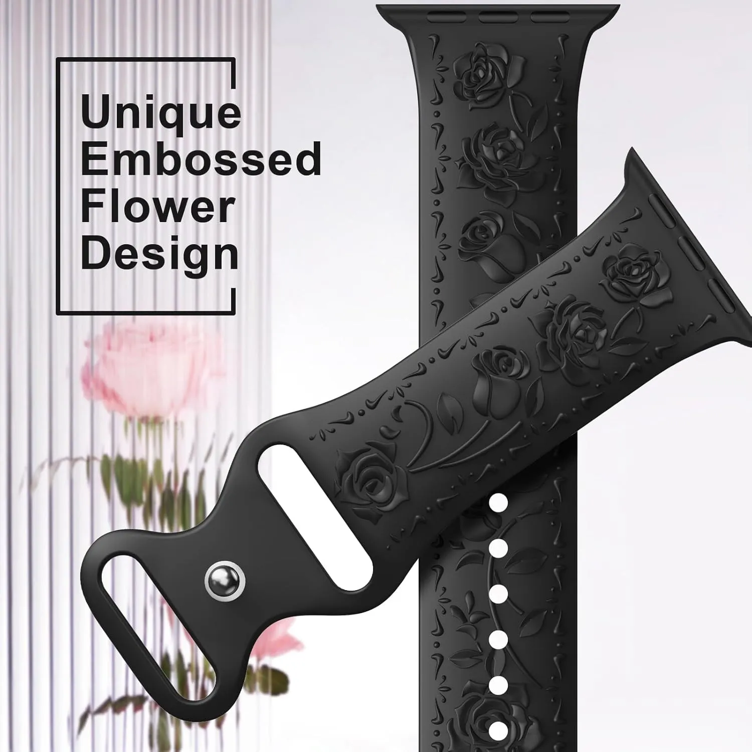 Floral Engraved Band Compatible with Apple Watch Band 40mm 41mm 38mm 42mm 44mm 45mm 46mm 49mm Women, Soft Silicone Cute Embossed Flower Strap for iWatch Band Series SE Ultra 10 9 8 7 6 5 4 3 2 1