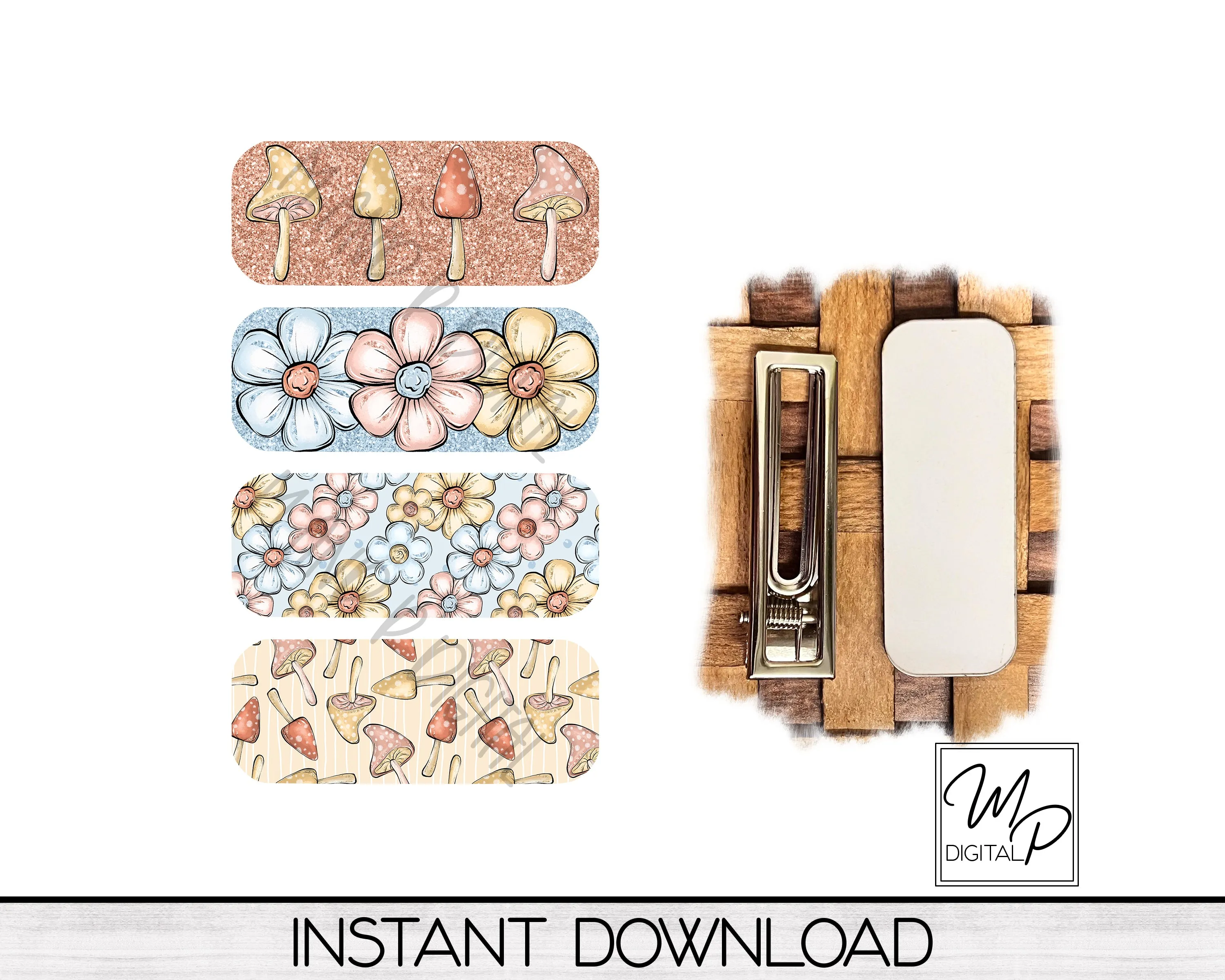 Flowers and Mushrooms PNG Design Bundle for Sublimation of Small Oval Hair Clips, Digital Download