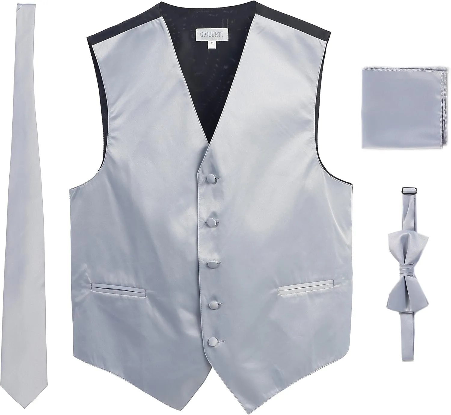 Gioberti Men's Formal 4pc Satin Vest Necktie Bowtie and Pocket Square