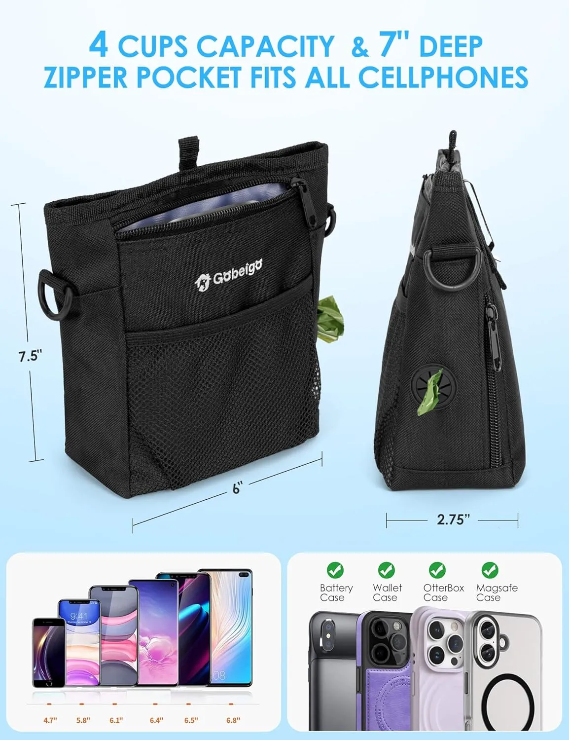 Gobeigo Dog Treat Pouch with Silicone Liner, 4 Cup3 Ways to Wear  Treat Bag with Training Clicker, Front Pocket fits All Phones, Upgrade Stronger Magnetic Closure Walking Fanny Pack (Black)