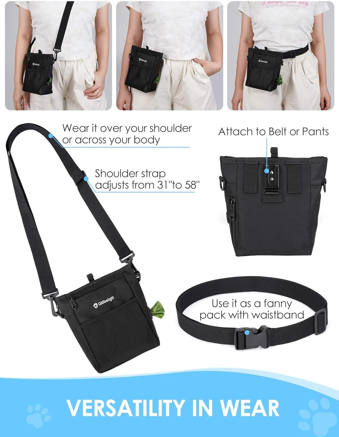 Gobeigo Dog Treat Pouch with Silicone Liner, 4 Cup3 Ways to Wear  Treat Bag with Training Clicker, Front Pocket fits All Phones, Upgrade Stronger Magnetic Closure Walking Fanny Pack (Black)