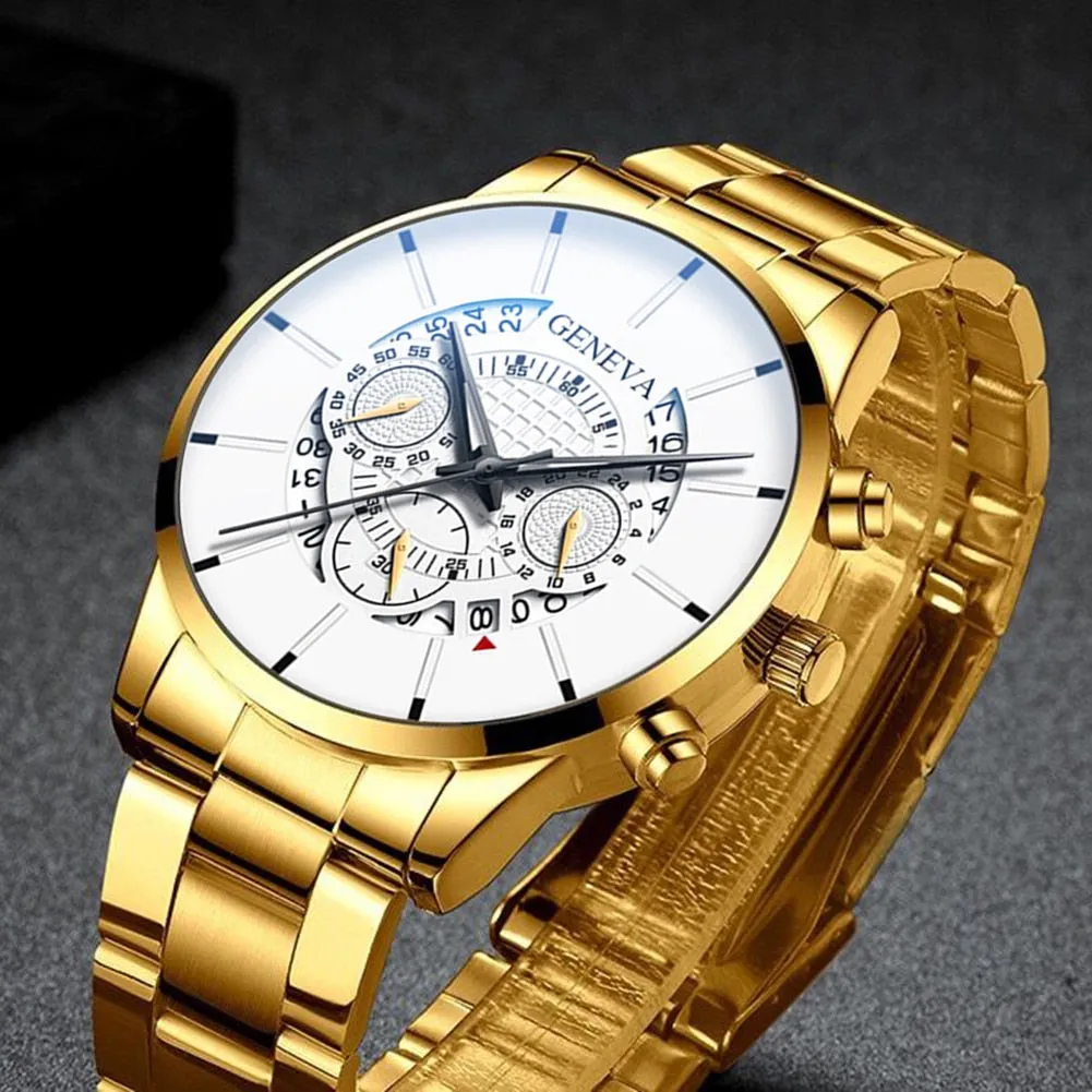 Gold Men Minimalist Quartz Dial Wristwatch Folding Buckle Leather Wallet