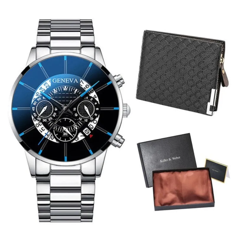 Gold Men Minimalist Quartz Dial Wristwatch Folding Buckle Leather Wallet