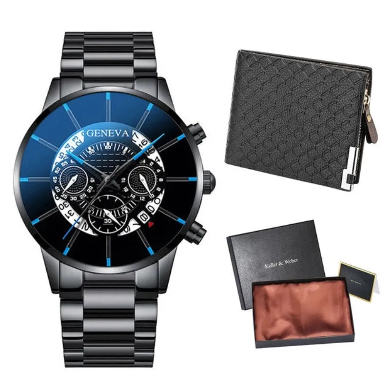 Gold Men Minimalist Quartz Dial Wristwatch Folding Buckle Leather Wallet