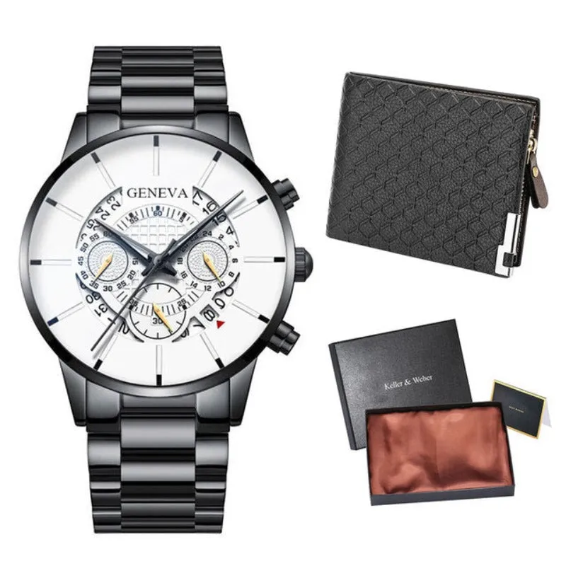 Gold Men Minimalist Quartz Dial Wristwatch Folding Buckle Leather Wallet