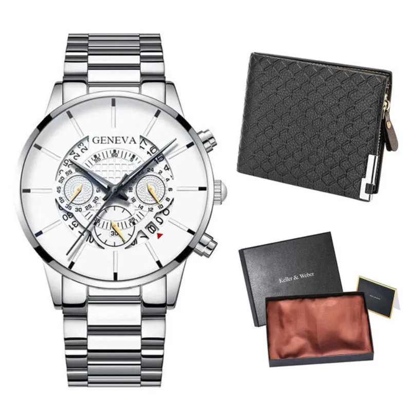 Gold Men Minimalist Quartz Dial Wristwatch Folding Buckle Leather Wallet