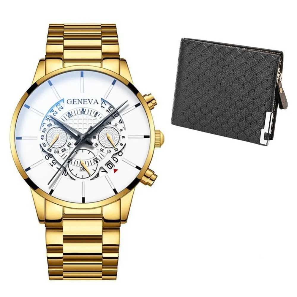Gold Men Minimalist Quartz Dial Wristwatch Folding Buckle Leather Wallet