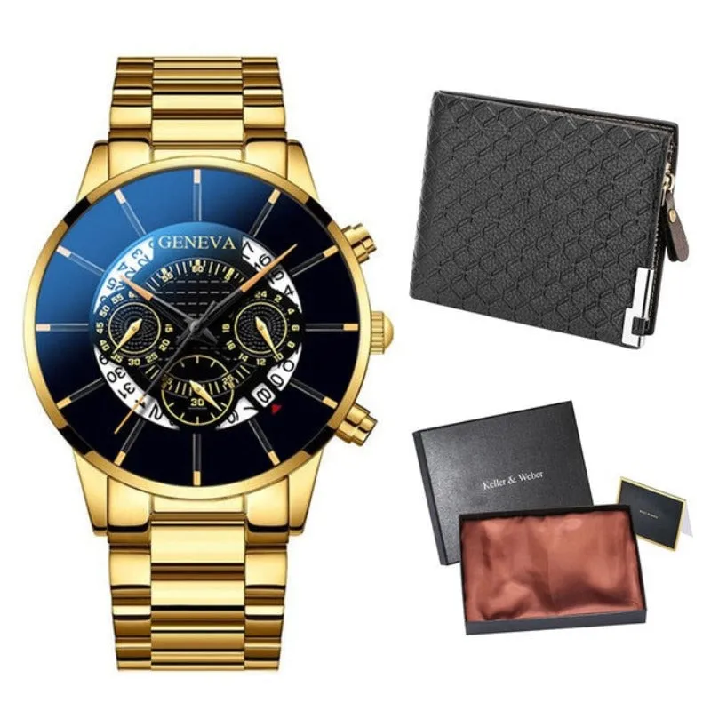 Gold Men Minimalist Quartz Dial Wristwatch Folding Buckle Leather Wallet