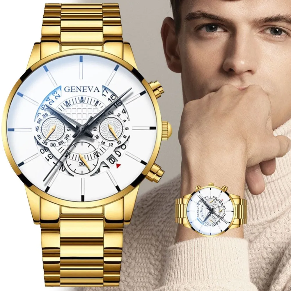Gold Men Minimalist Quartz Dial Wristwatch Folding Buckle Leather Wallet