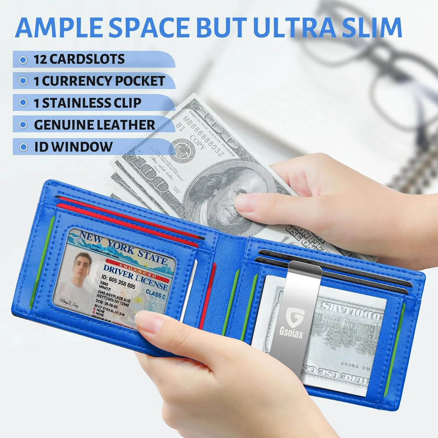 GSOIAX Slim Leather RFID Bifold Wallet for Men Minimalist Front Pocket Wallet with Money Clip,12 Card Slots,ID Window,Cool Groove Design,Includes Gift Box(Carbon blue)